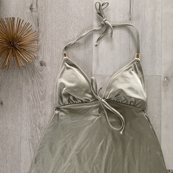 Badgley Mischka one piece swimsuit‎ dress beach rhinestone shimmer sage green M - Picture 2 of 12